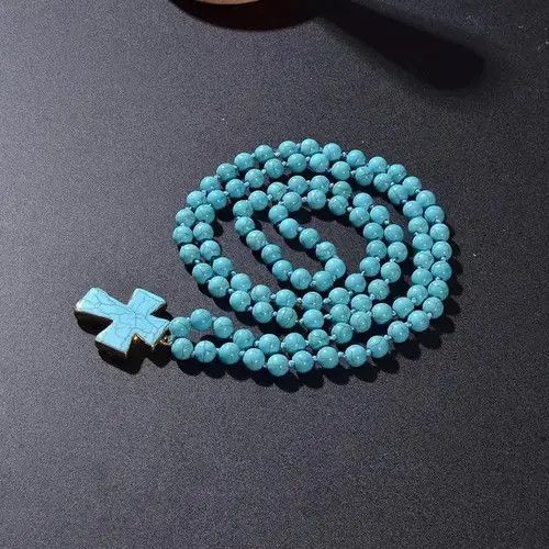 Other × Vintage Blue Turquoise Beads Knotted 108 Mala Necklace Cross Pendant Size ONE SIZE - 3 Thumbnail