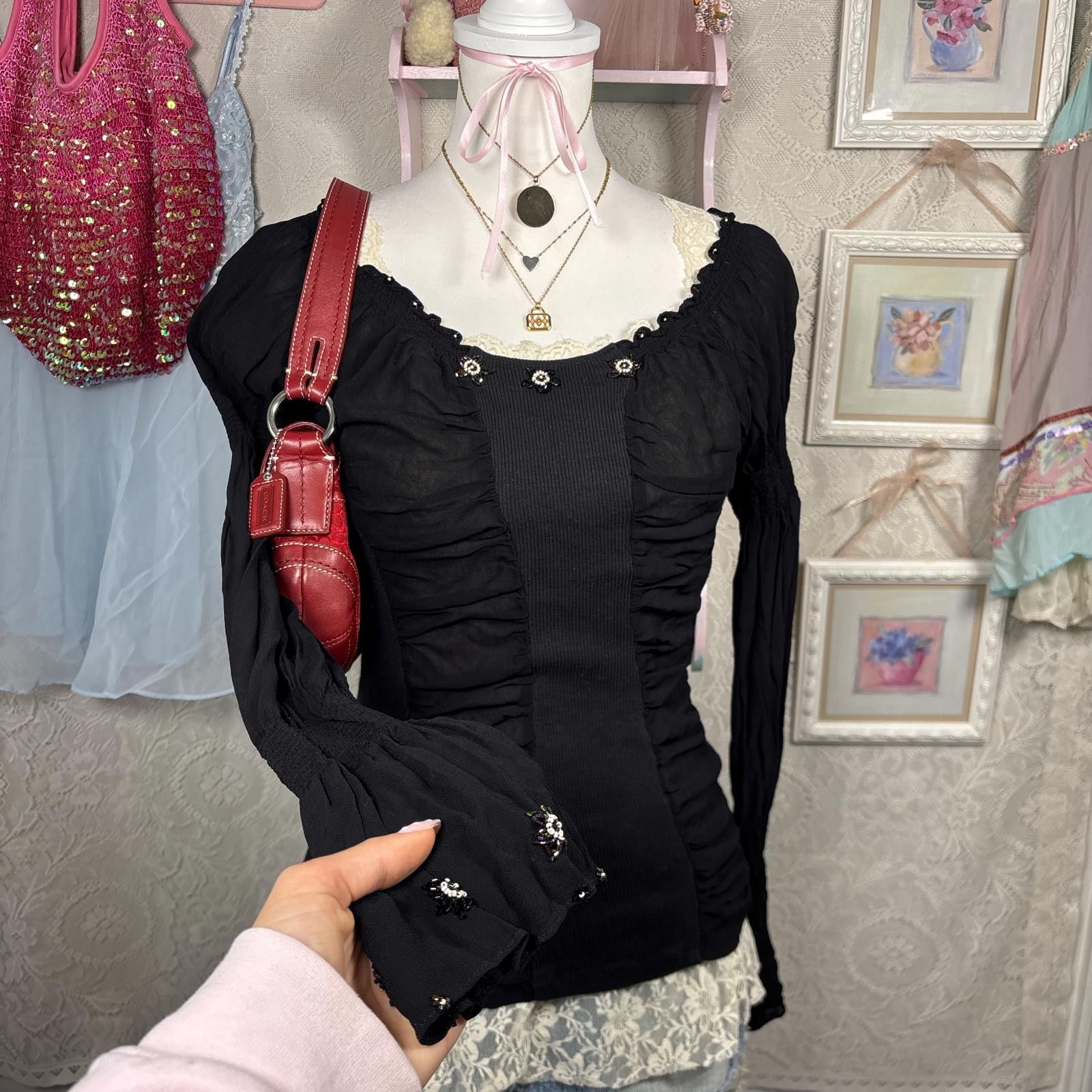 Other vintage euro silky beaded flowy blouse Size L / US 10 / IT 46 - 4 Thumbnail