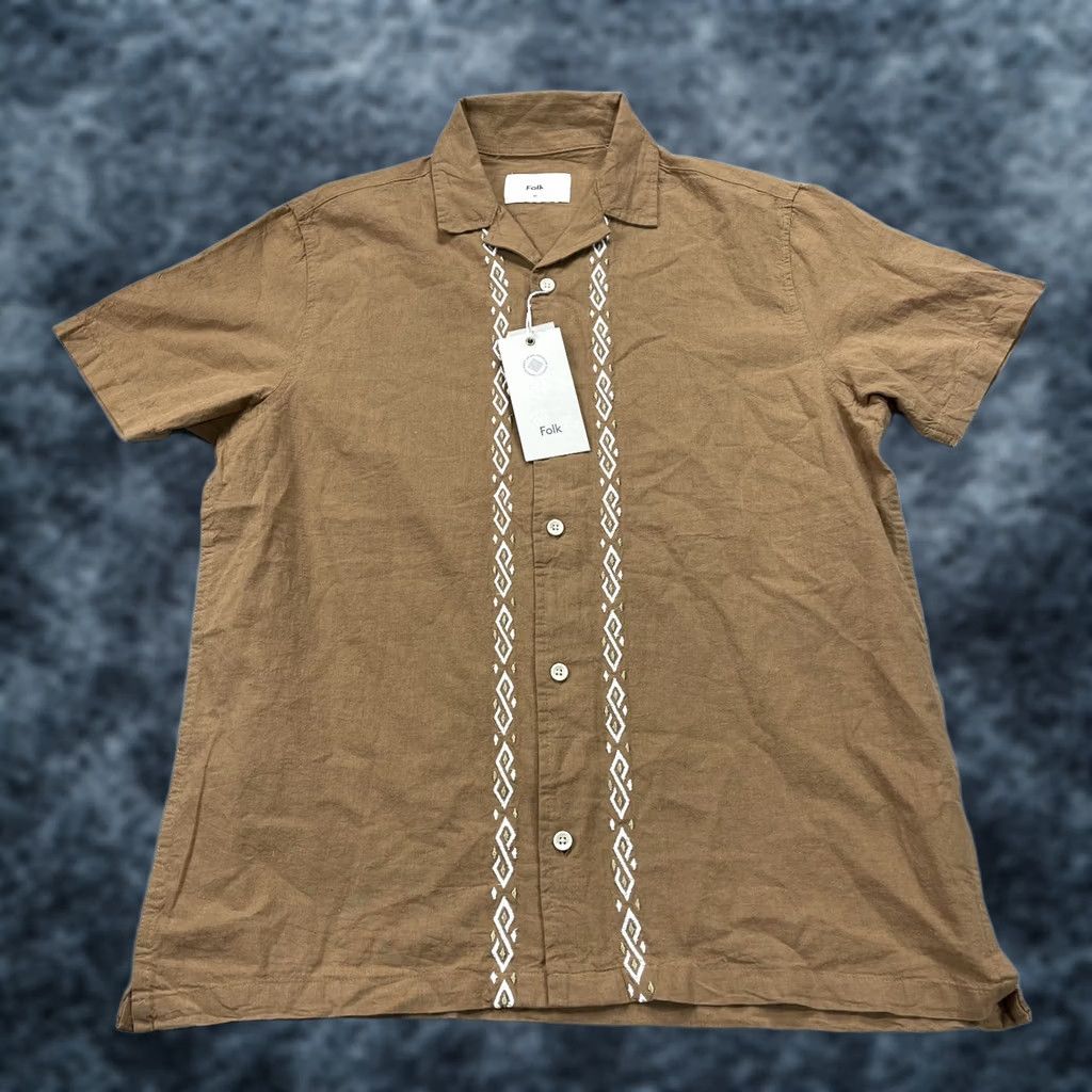 Folk Folk Shirt Mens M Brown Maze Short Sleeve Camp Collar Linen Blend Casual Size US M / EU 48-50 / 2 - 1 Thumbnail