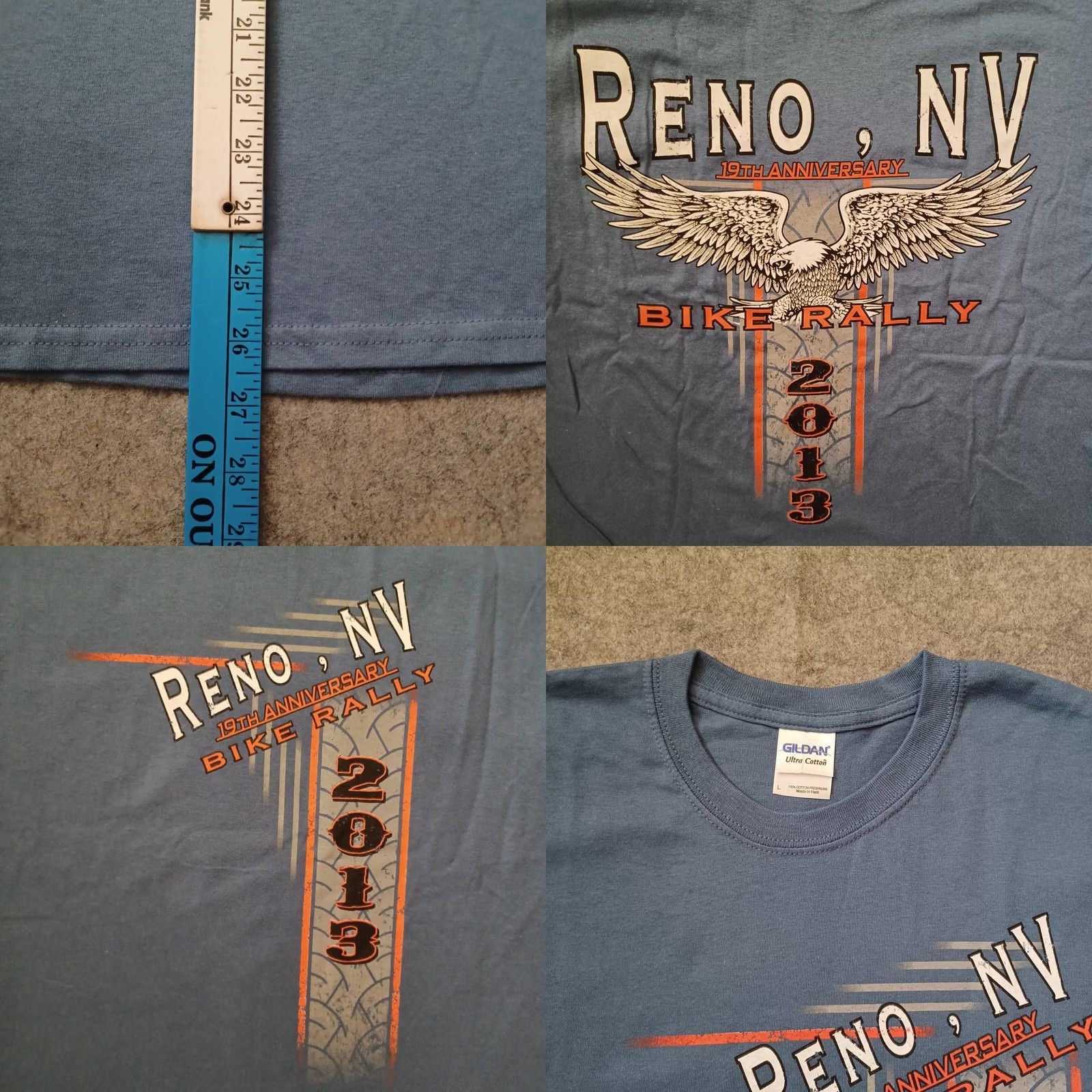 Gildan Reno Bike Rally Mens L Blue T-Shirt 19th Anniversary Double Side Short Sleeve Graphic Print Logo Gildan Ultra Cotton Regular Fit Size US L / EU 52-54 / 3 - 8 Thumbnail