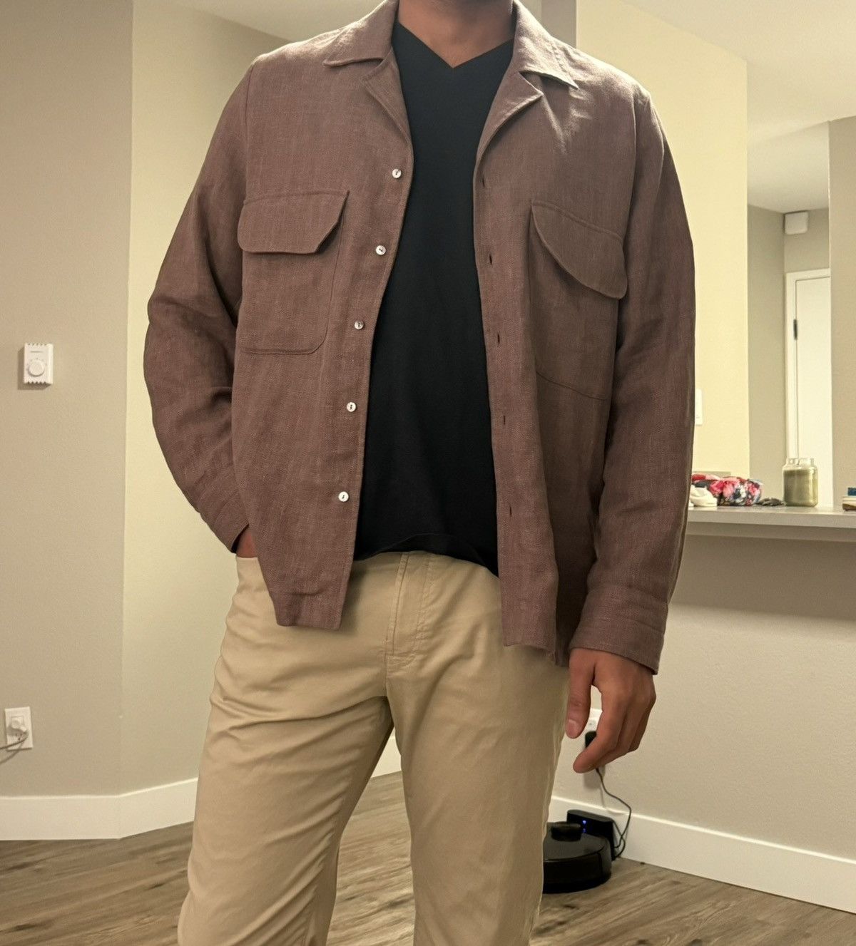 Stoffa Long Sleeve Camp Shirt (Mauve Linen Wool Silk Herringbone) Size US L / EU 52-54 / 3 - 1 Thumbnail