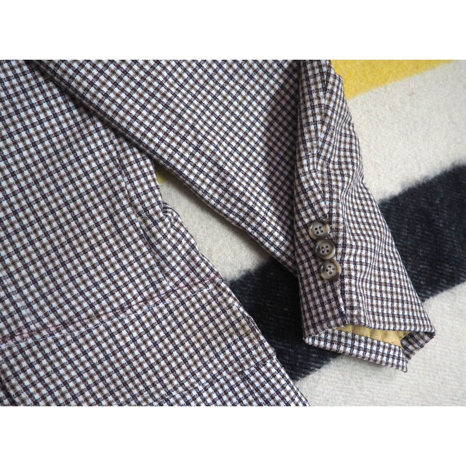 Vintage VINTAGE Johnny Carson Blazer Jacket Gingham 3 Button Brown White 60s 70s Polyester 42 Mens Size 42R - 7 Thumbnail