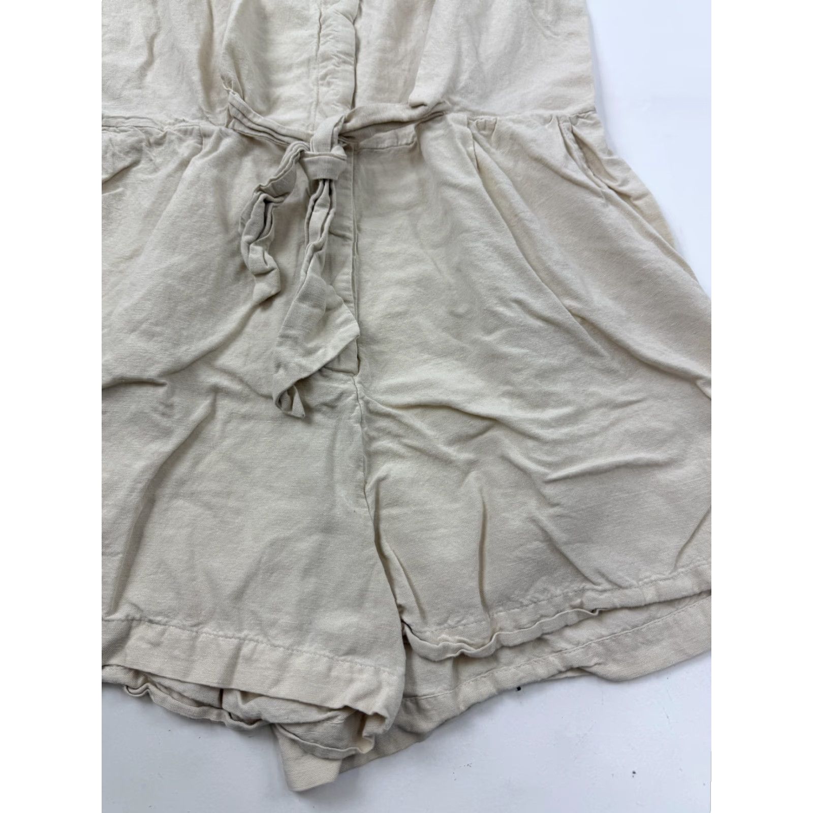 Anthropologie Japna Romper Womens Medium Beige Linen Blend Sleeveless One-Piece Casual Summer Belted Collared Button Front Size 32" / US 10 / IT 46 - 3 Thumbnail