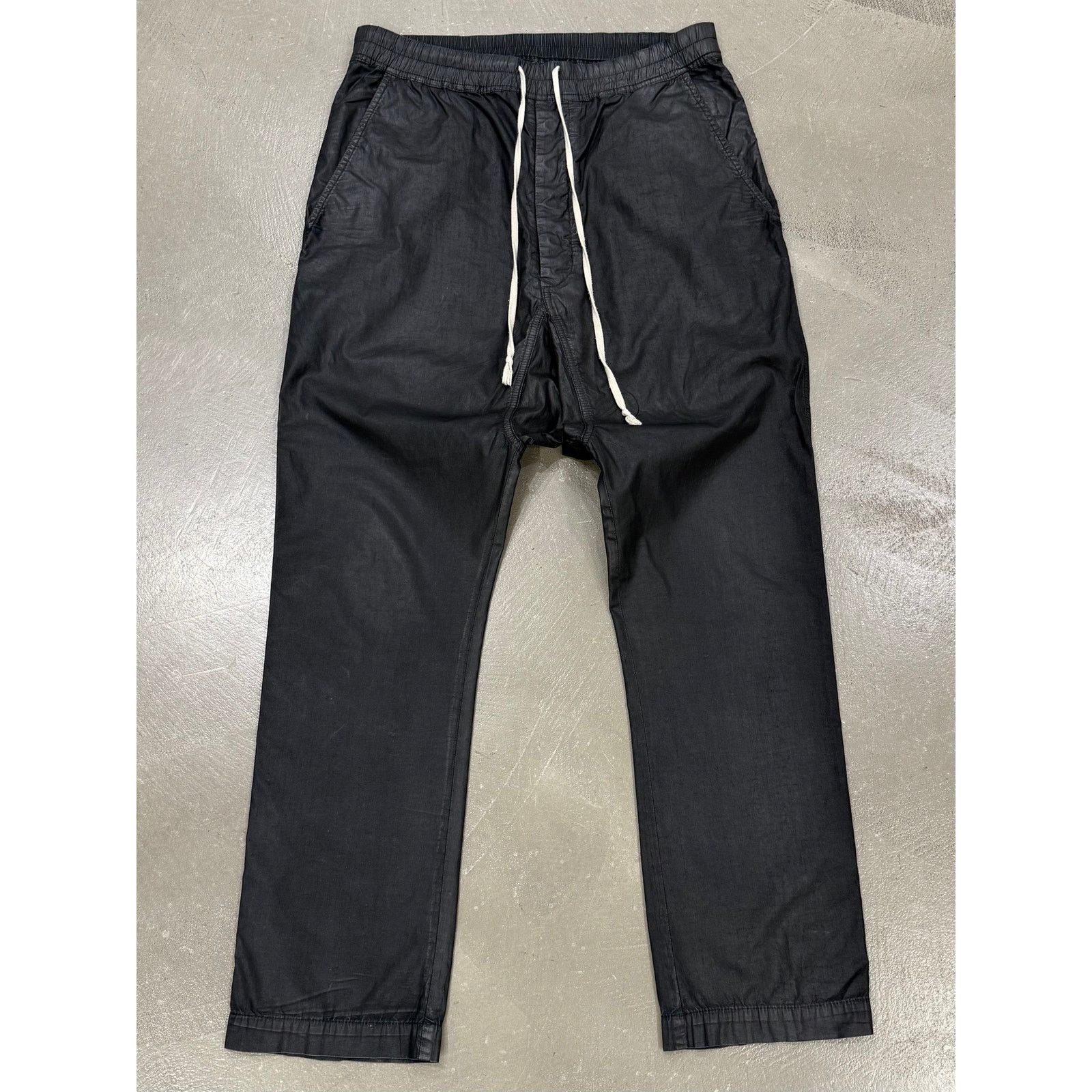 Rick Owens 2000s Rick Owens black wax drop crotch drawstring pants Size 33" - 1 Thumbnail