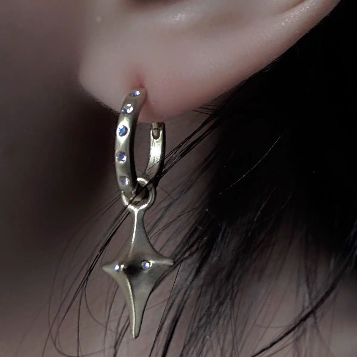 Other ESREVINU S925 Silver Star Drop Hoop Earring Size ONE SIZE - 3 Thumbnail