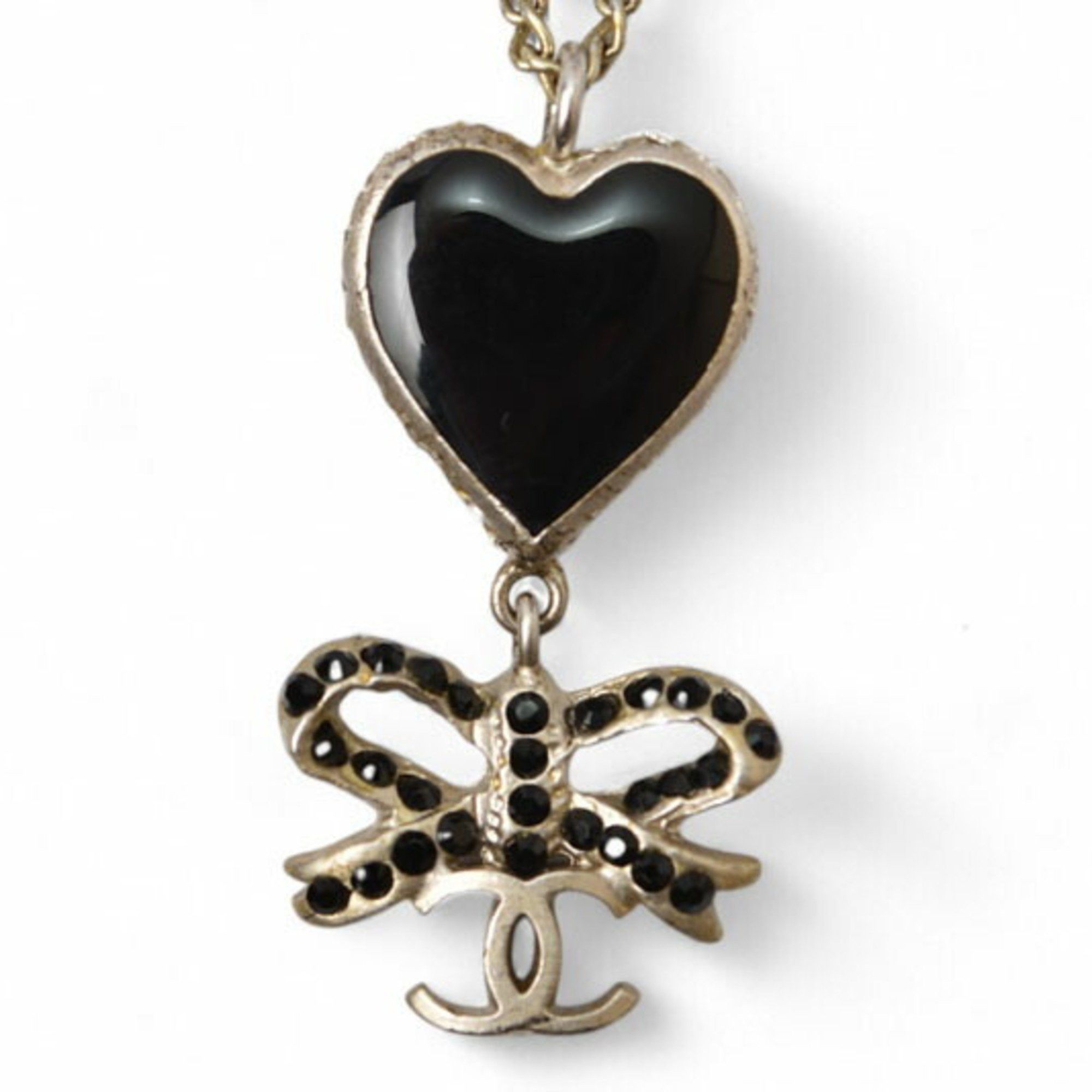 Chanel Chanel Necklace Pendant CHANEL Coco CC Heart Ribbon Rhinestone Black Silver 05P Size ONE SIZE - 1 Thumbnail