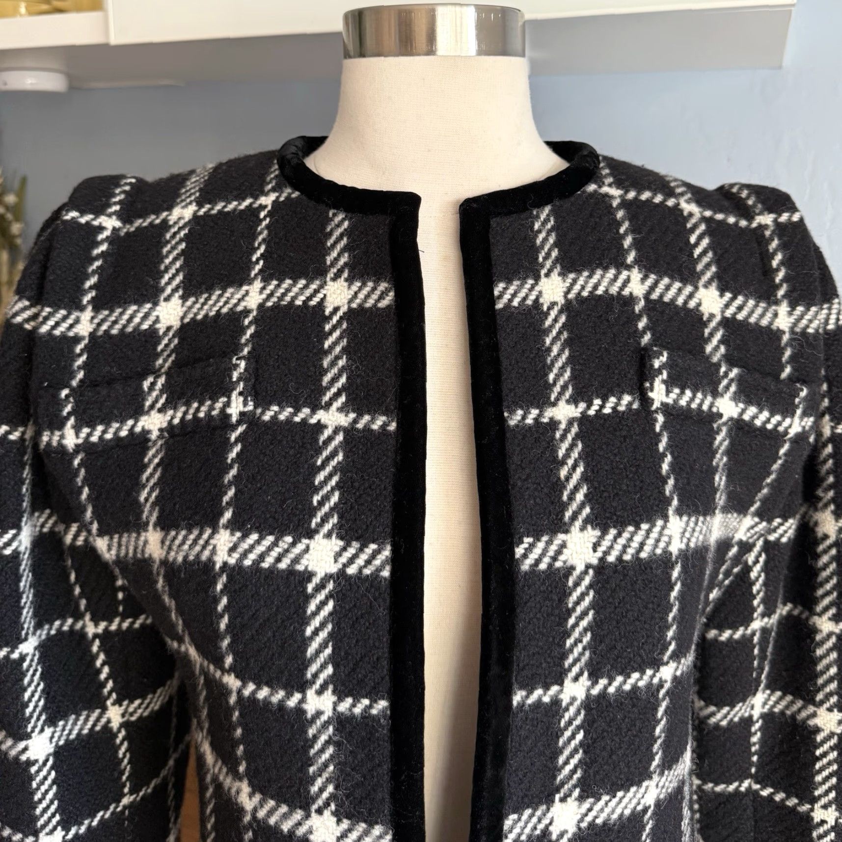 Vintage VINTAGE Emanuel Ungaro Parallele Paris Tweed Jacket Black White Check 80s Size 8 Wool Velvet Trim Womens/Mens Size S / US 4 / IT 40 - 2 Thumbnail