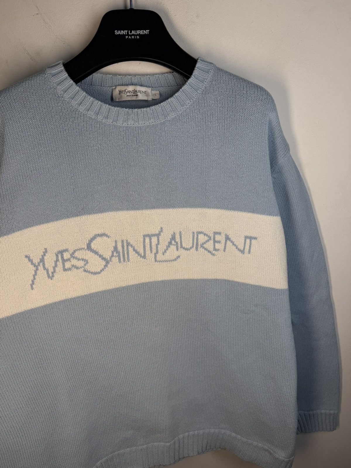 Yves Saint Laurent Blue YSL Sweater Knit Big Logo Vintage Paris Sweatshirt Rare Size US L / EU 52-54 / 3 - 3 Thumbnail