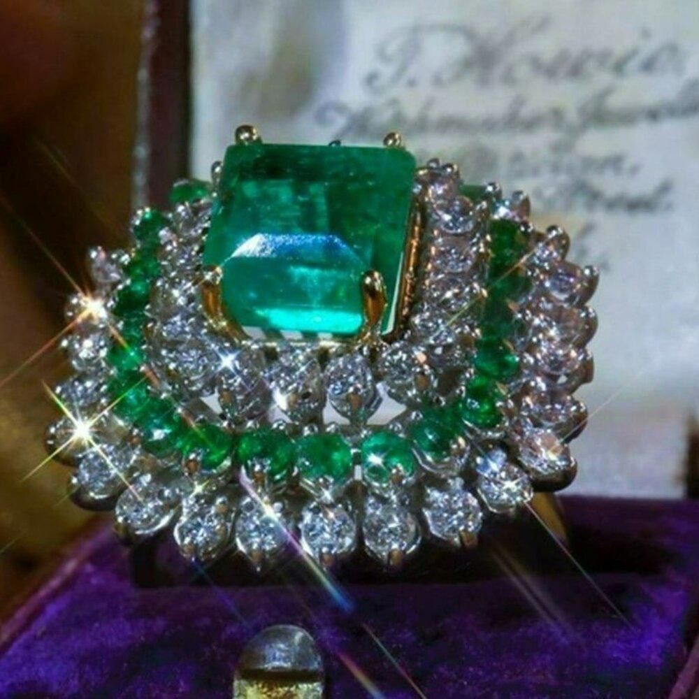 Designer Vintage Emerald & White Sapphire Silver Art Deco Ring Size ONE SIZE - 1 Thumbnail