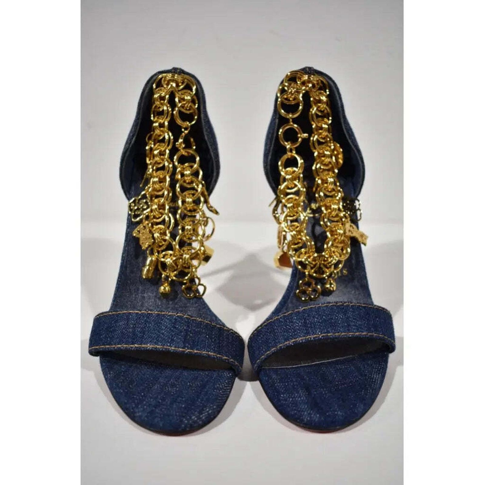 Christian Louboutin Gourmi Sandal 100 Denim Gold Charm Ankle Strap Heel Pump 37 Size US 7 / IT 37 - 6 Thumbnail
