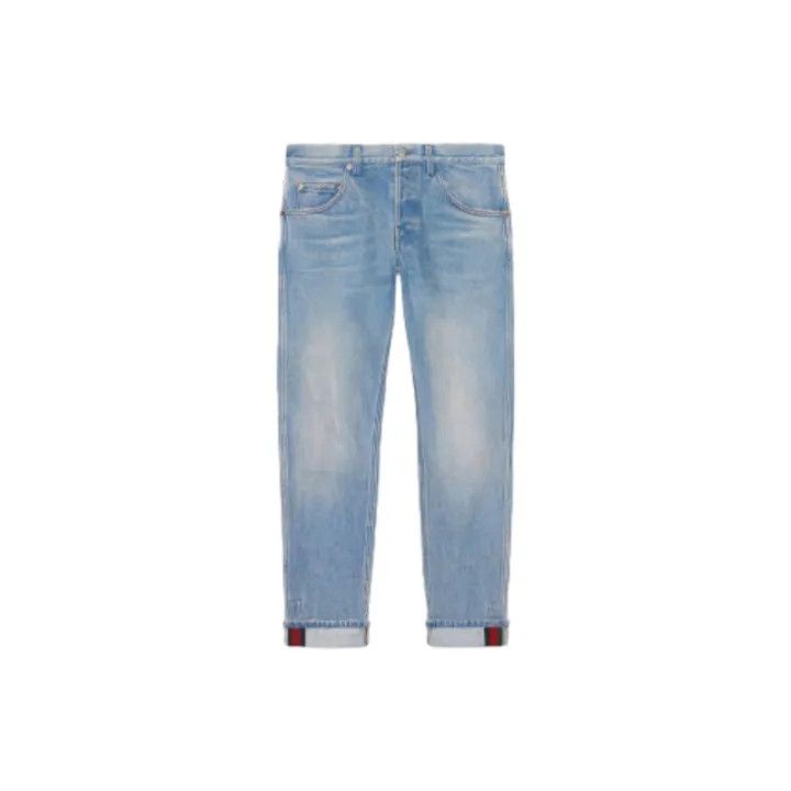 Gucci Blue Striped Zipper Pocket Denim Pants