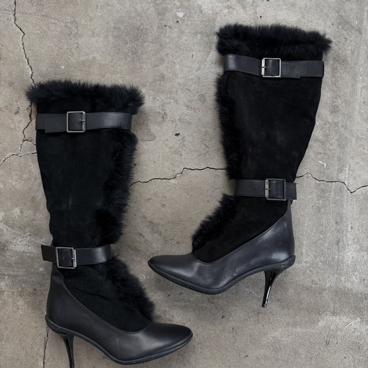 DKNY DKNY Knee High Leather Boots With Heels Rabbit Fur Straps Size US 8 / IT 38 - 9 Thumbnail