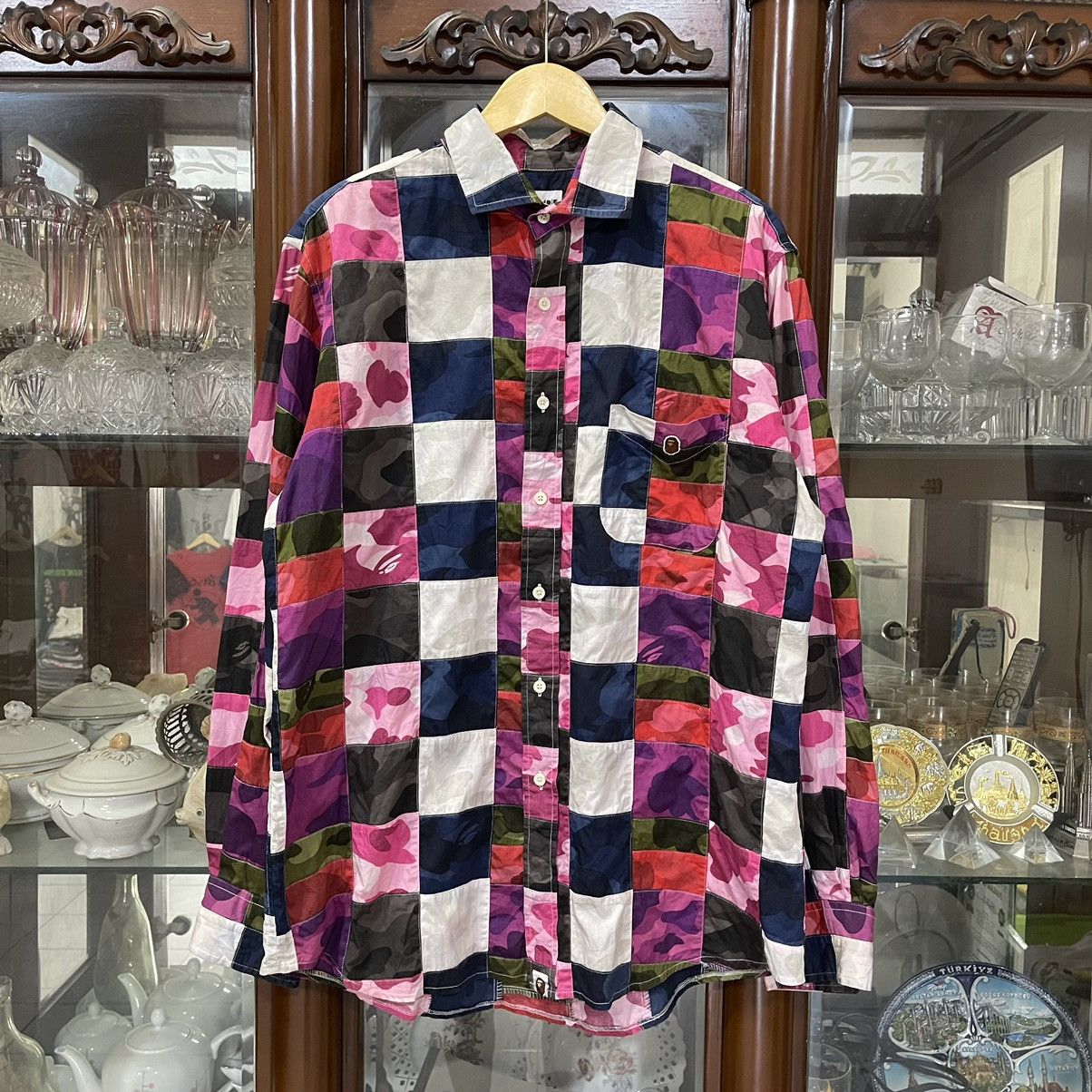 image of Bape Color Crazy Camo Patchwork Button Up Shirt, Men's (Size Large)
