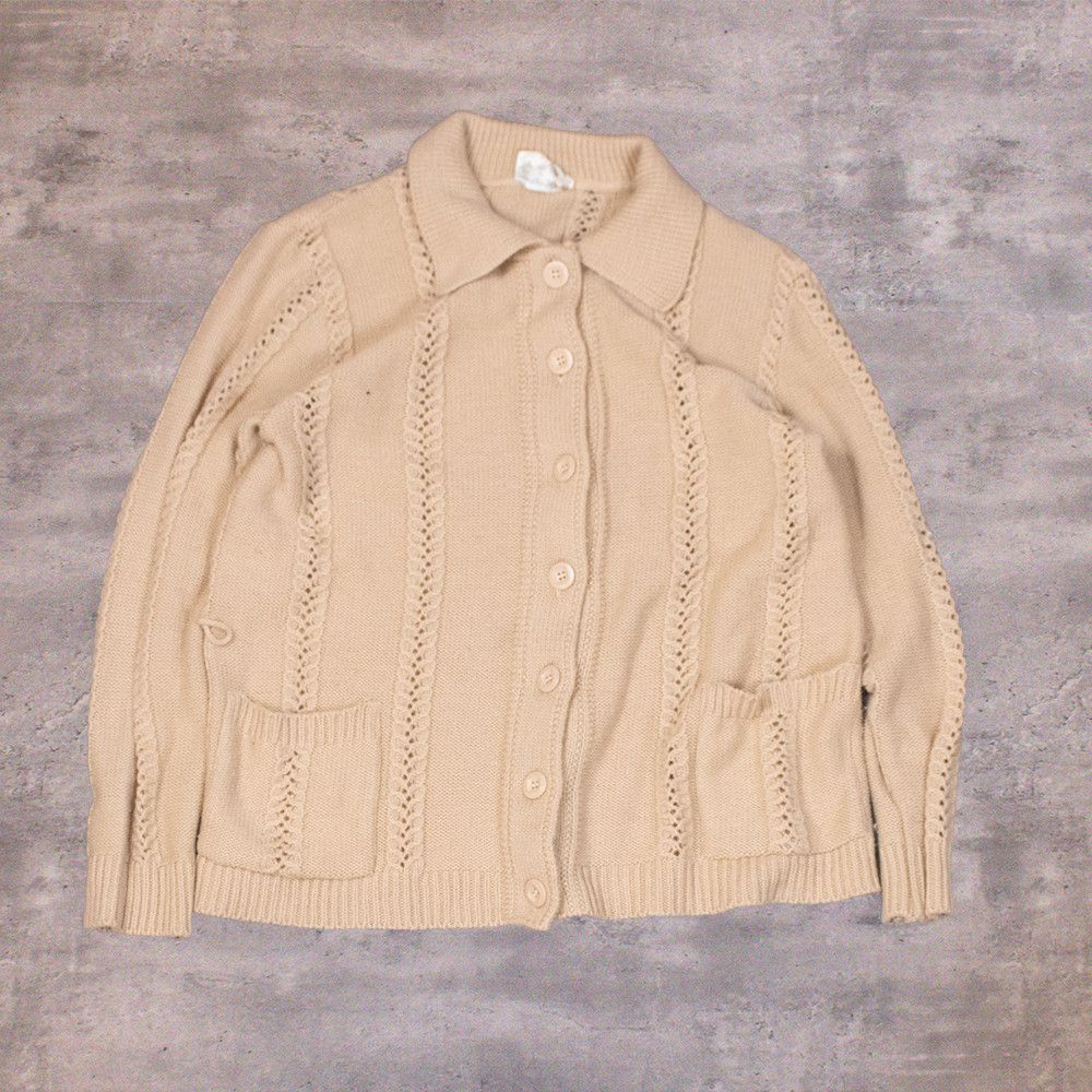 Vintage Vintage 1980's Cable Knit Collared Cardigan Cream Sweater Size US M / EU 48-50 / 2 - 1 Thumbnail
