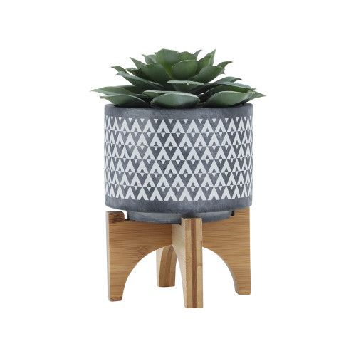 Designer × Homemade CERAMIC 5" AZTEC PLANTER ON WOODEN STAND, GRAY Size US L / EU 52-54 / 3 - 4 Thumbnail