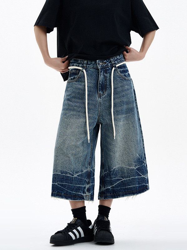 Vintage Men's Retro Washed & Distressed Drawstring Denim Shorts Size US 32 / EU 48 - 1 Thumbnail