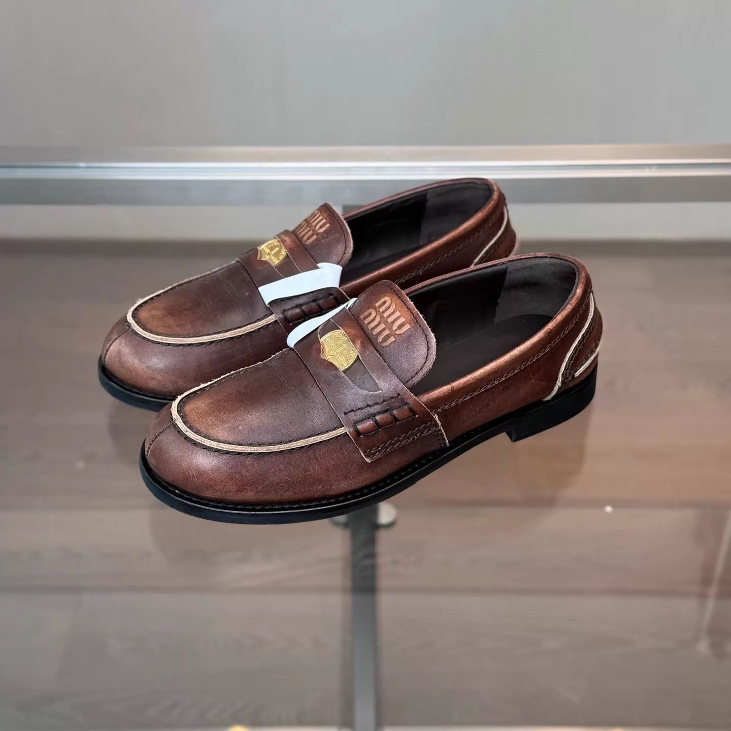 Miu Miu MIU MIU Women's Distressed Gold Coin Loafer 38 99 Size US 7.5 / IT 37.5 - 1 Thumbnail
