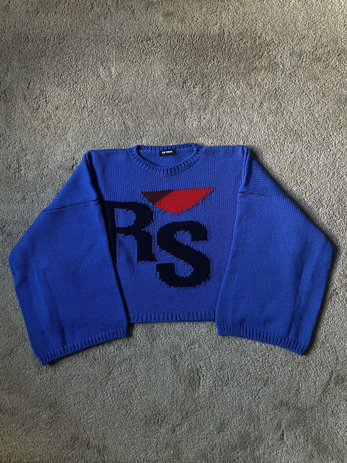 image of Raf Simons “Rs” Cropped Knit Sweater in Blue, Men's (Size XS)