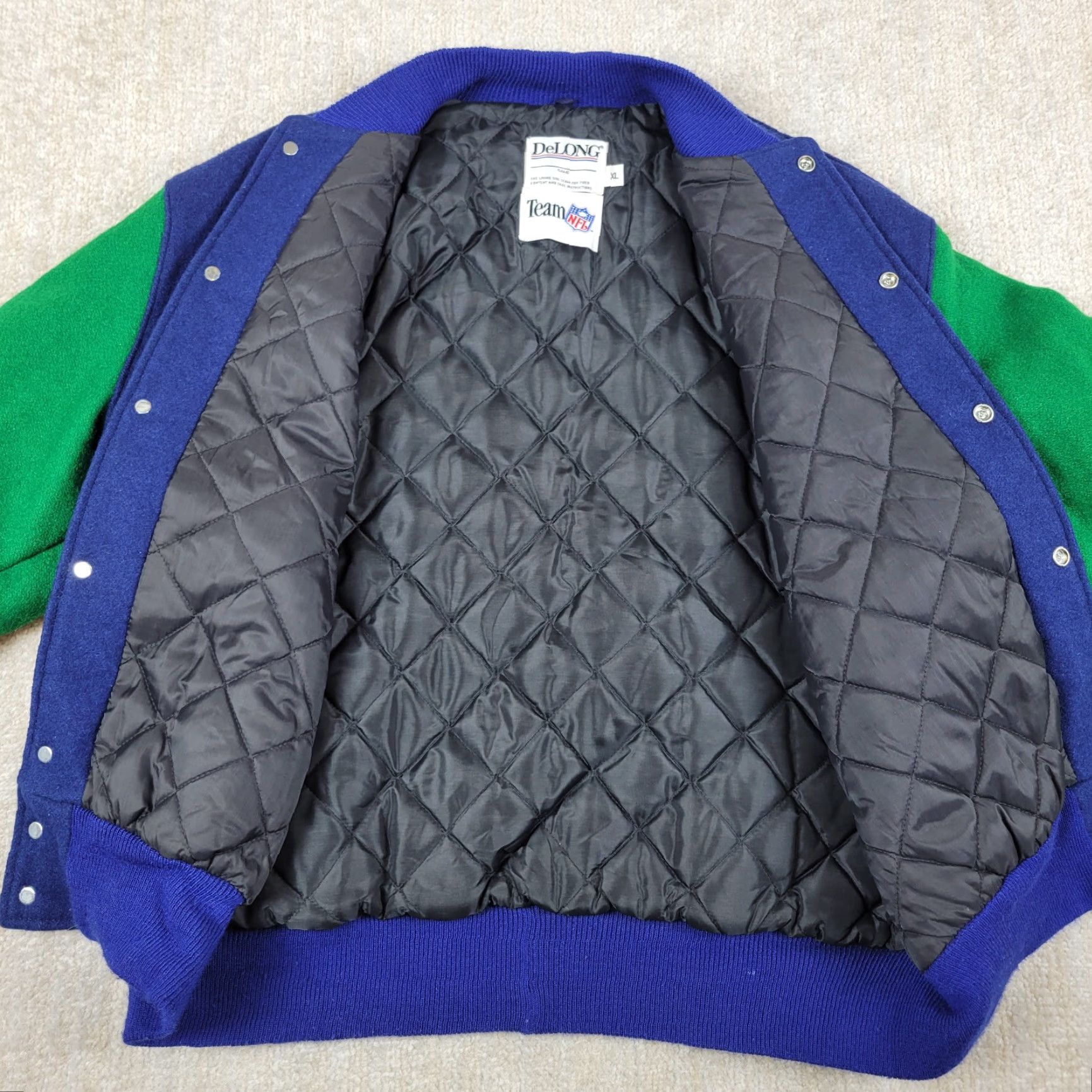 Vintage VINTAGE DeLong Seattle Seahawks Wool Varsity Jacket Mens XL Blue Green Snap USA 70s Size US XL / EU 56 / 4 - 3 Thumbnail