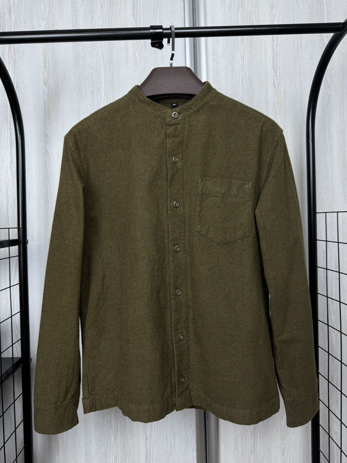 Japanese Brand Muji Khaki Green collarless long sleeve pocket shirt Size US XS / EU 42 / 0 - 2 Thumbnail