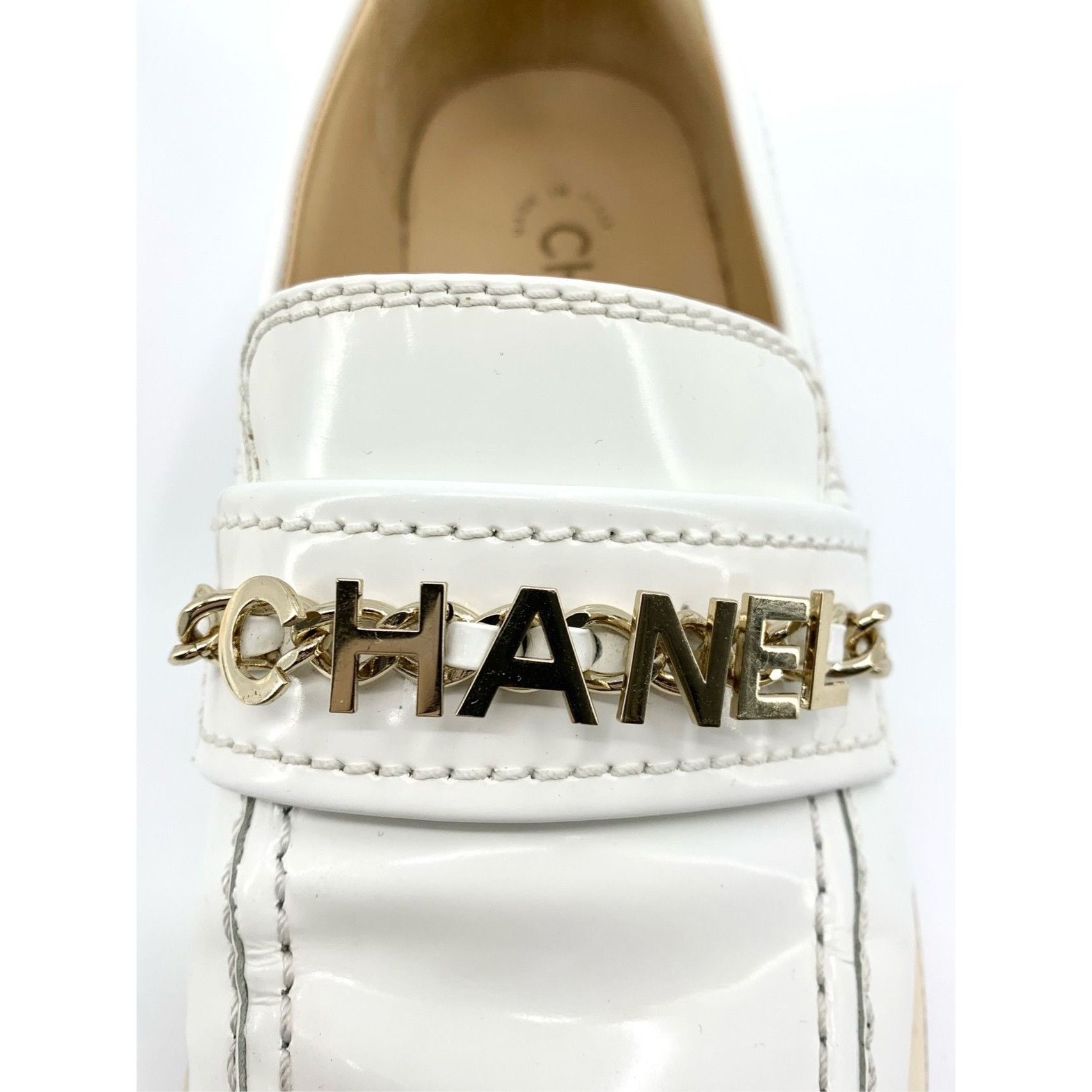 Chanel Chanel White Patent Leather Loafers Sz 37.5 W/ Gold Metal Lo Size US 7 / IT 37 - 2 Thumbnail