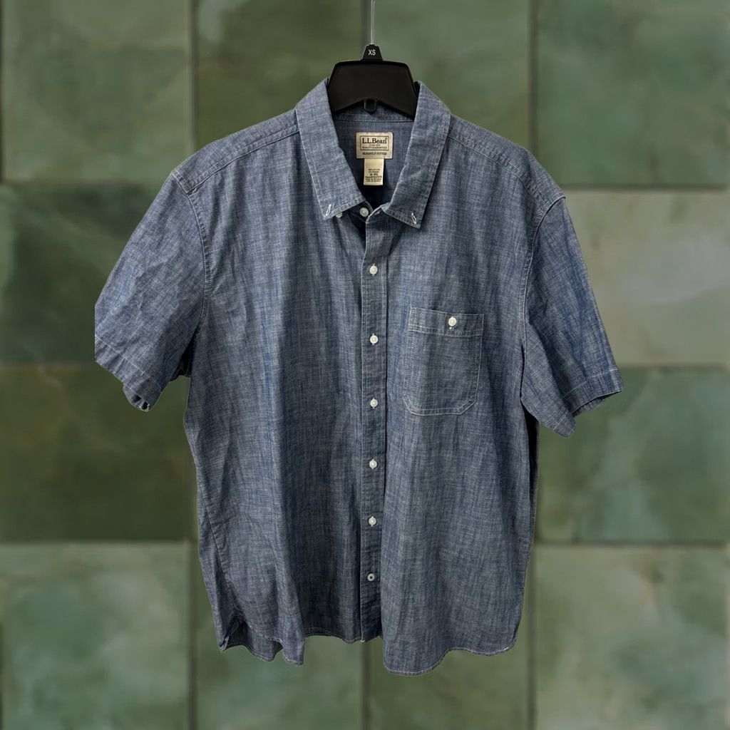 Vintage LL Bean Chambray Shirt Mens XL Blue Slim Button-Down Short Sleeve Casual Travel Workwear 522578 Size US XL / EU 56 / 4 - 1 Thumbnail