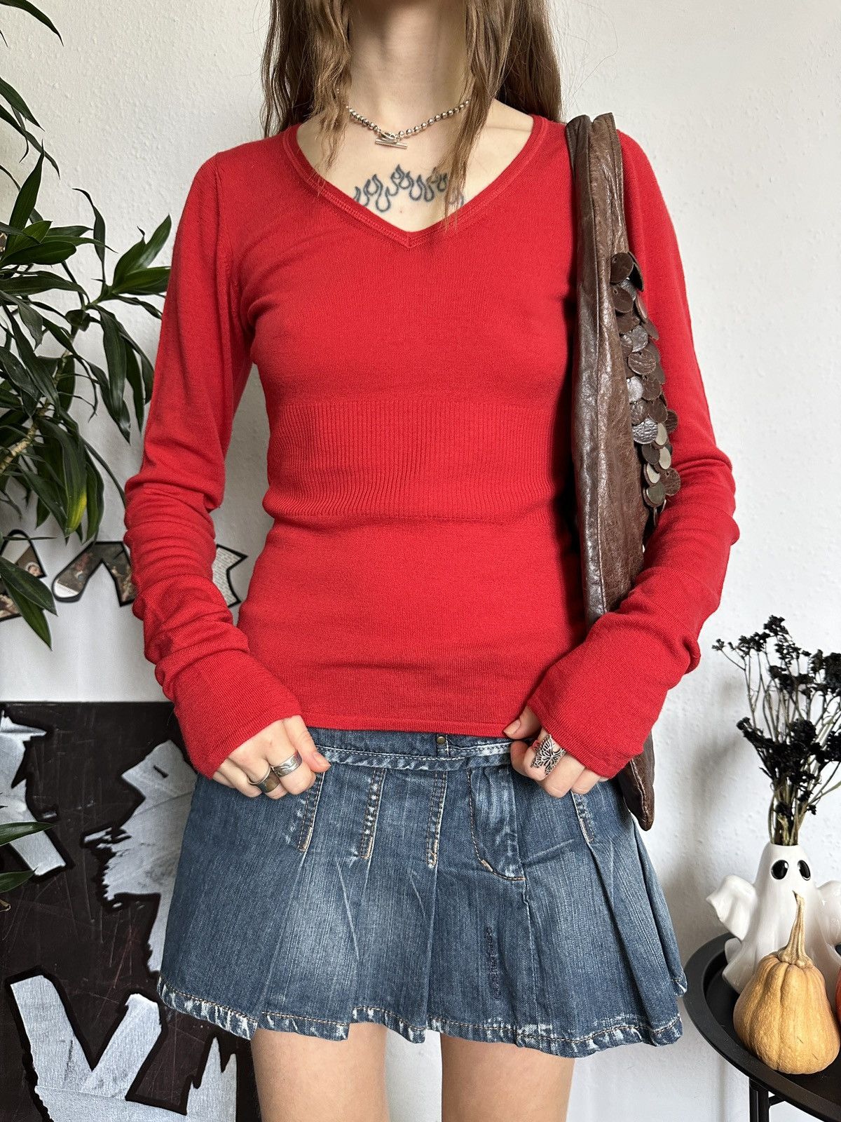 Beauty Beast × If Six Was Nine Soft Red Merino Wool Stretchy V-neck Top Coquette Size M / US 6-8 / IT 42-44 - 3 Thumbnail