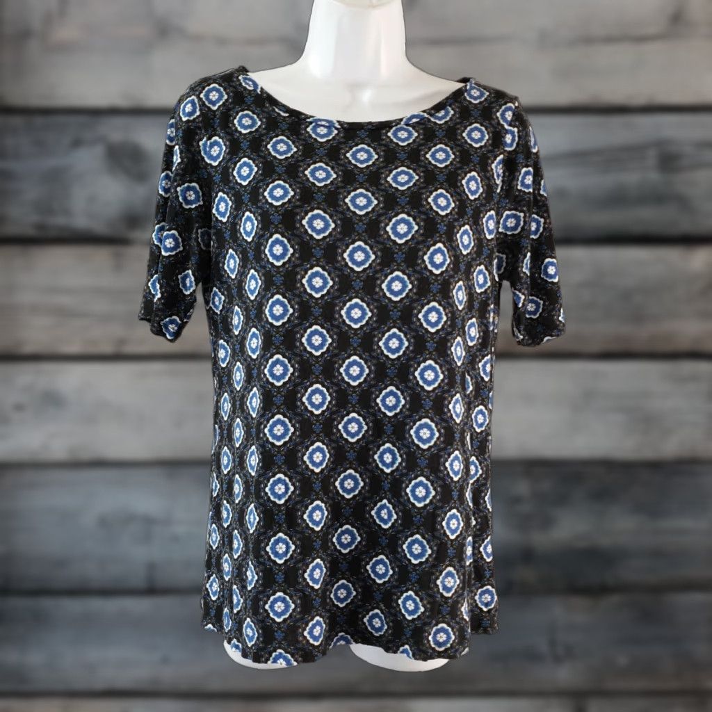 Ann Taylor Ann Taylor LOFT Womens Blouse Shirt Short Sleeve Round Neck Rayon Printed Black Blue Sz S - Floral, Basic, Regular fit Women’s Size S / US 4 / IT 40 - 1 Thumbnail