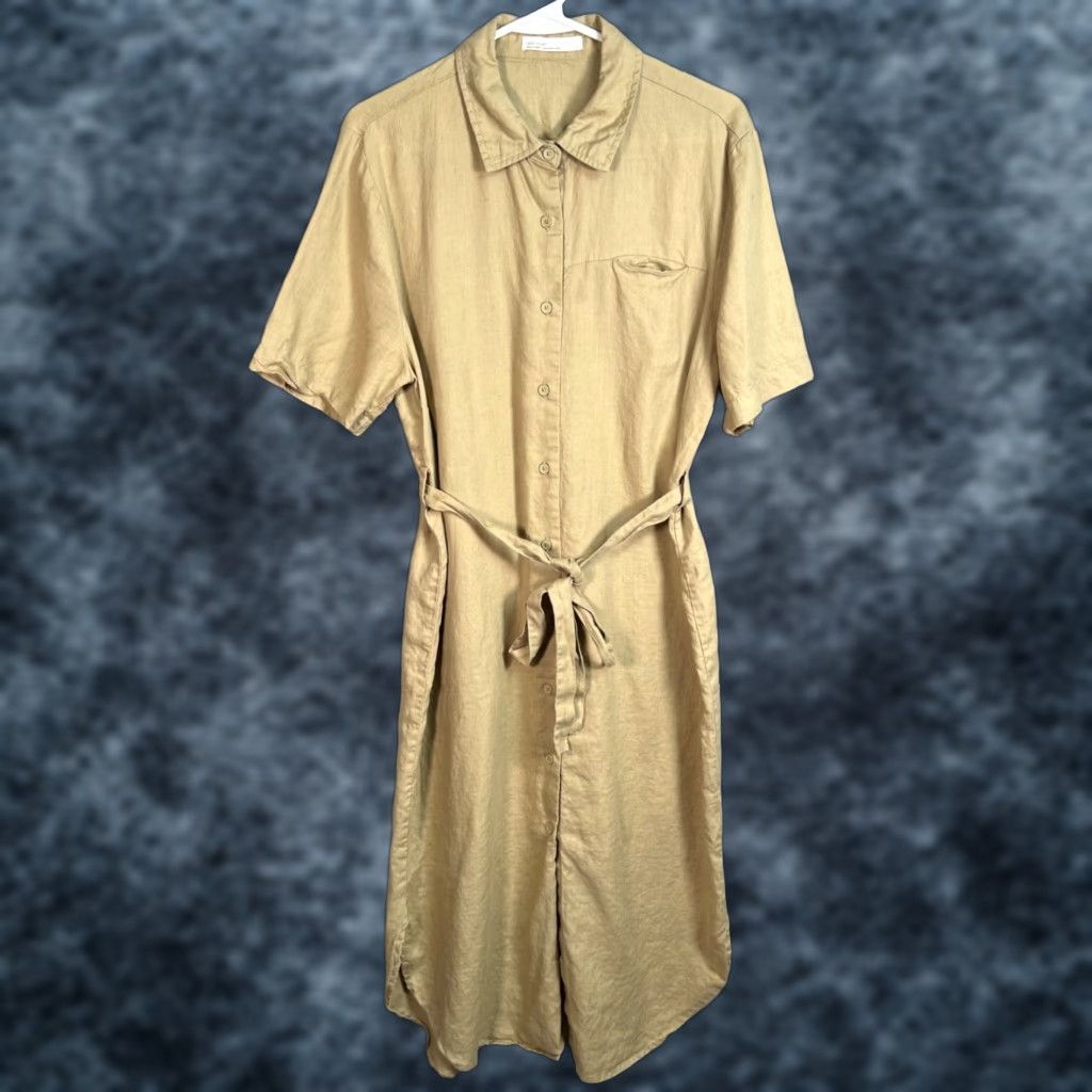 Oak + Fort Oak + Fort Shirt Dress Womens Small Beige Linen Button-Front Midi W/ Waist Tie Daywear Casual Summer Spring Size S / US 4 / IT 40 - 1 Thumbnail