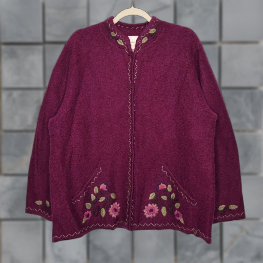 Vintage VINTAGE Wool Sweater Embroidered Art Floral Flower Grandma Cottage Lg SW Studio Works Women Regular Full Zip Genders: Womens Size L / US 10 / IT 46 - 1 Thumbnail