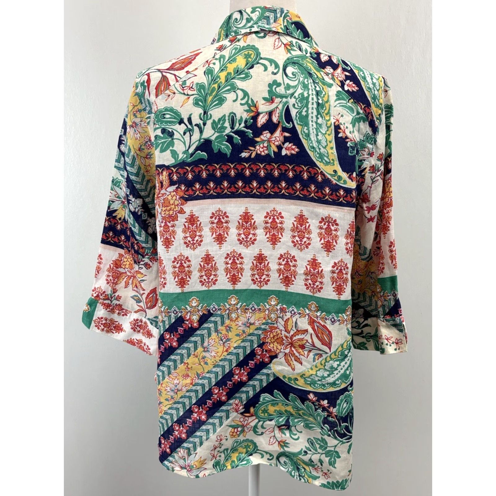 Vintage Chicos No Iron Linen Button Up Shirt Sz 1 US 8/10 Medium 3/4 Sleeves Mixed Print Size M / US 6-8 / IT 42-44 - 3 Thumbnail