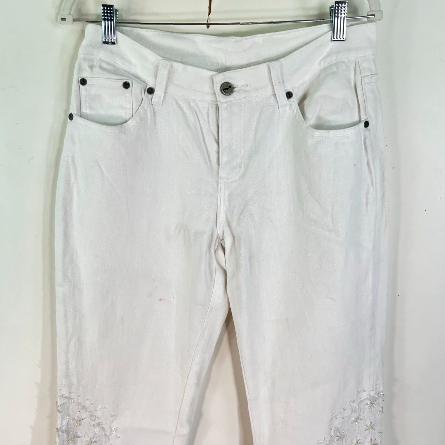 Vintage Latina Jeans Women's Size 8 White 32X32 Lace Patches Rhinestone Embroidered Denim Straight 32 Inseam 100% Genuine USA Seller Mens? Size 30" / US 8 / IT 44 - 2 Thumbnail