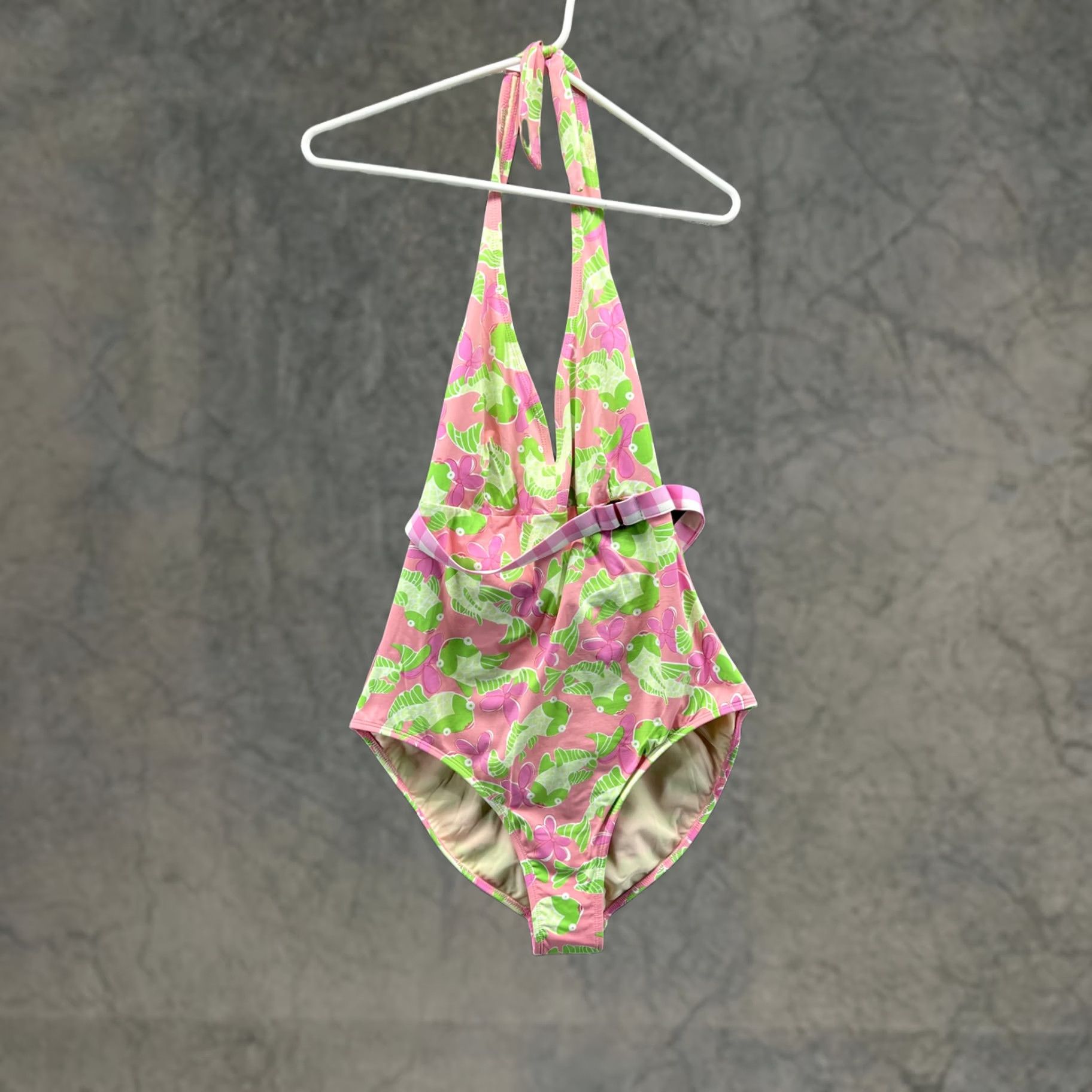 Vintage Loo+ One Piece Swimsuit Womens 12 Pink Tropical Fish Halter Belted Floral Swim Size ONE SIZE - 1 Thumbnail