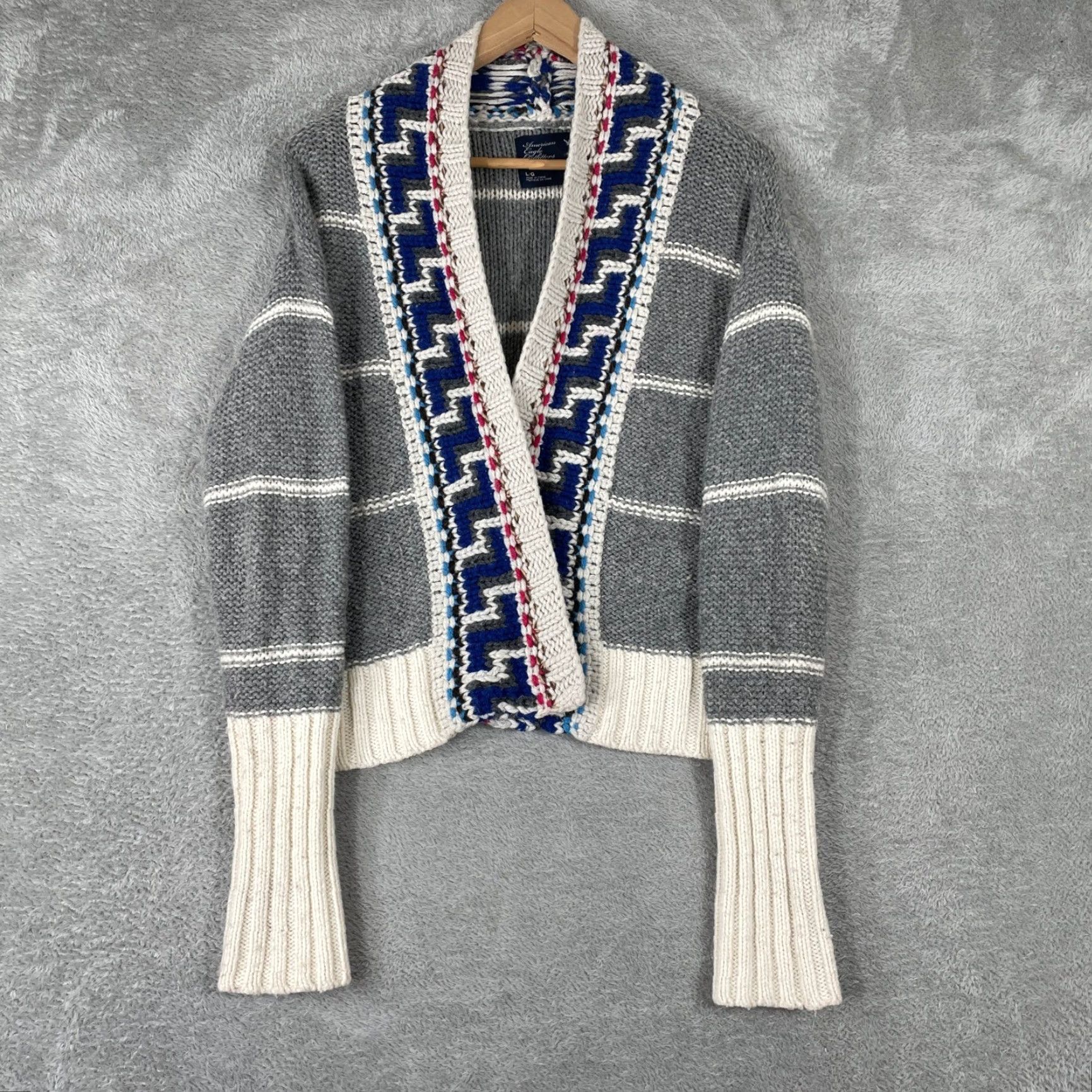 American Eagle Outfitters VINTAGE American Eagle Cardigan Womens L Gray Striped Chunky Wool Blend Y2K Size L / US 10 / IT 46 - 2 Thumbnail