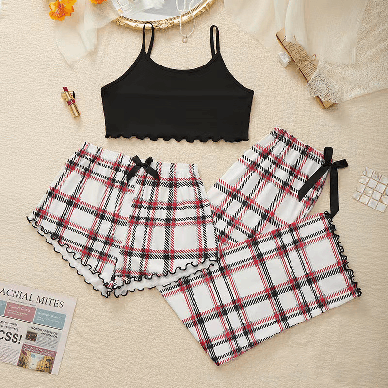 Other Plaid Pajamas Three-piece Women's Spring n Autumn Home Wear Size L / US 10 / IT 46 - 1 Thumbnail