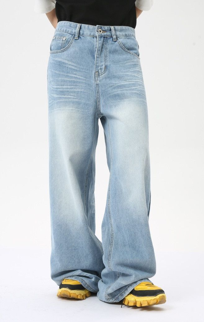 Designer × Japanese Brand Washed distressed light blue all-match casual jeans Size US 32 / EU 48 - 3 Thumbnail