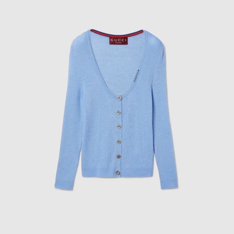 Gucci oc11z1125 Extra Fine Rib Wool and Silk Cardigan in Pale Blue Size L / US 10 / IT 46 - 1 Thumbnail
