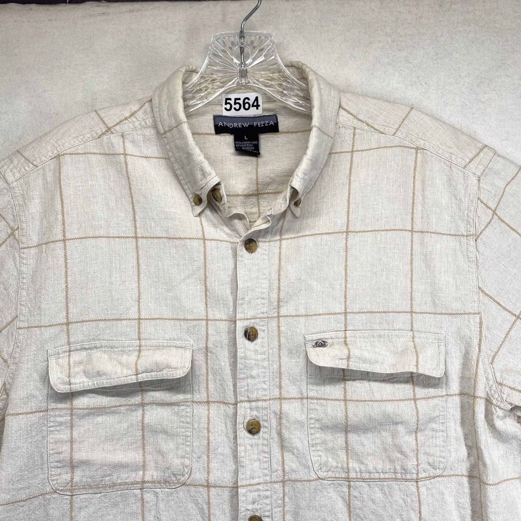 Vintage VINTAGE Andrew Fezza Men's Short Sleeve Button-Down Shirt Woven Linen Blend Checkered Summer Vacation L Beige Size US L / EU 52-54 / 3 - 3 Thumbnail