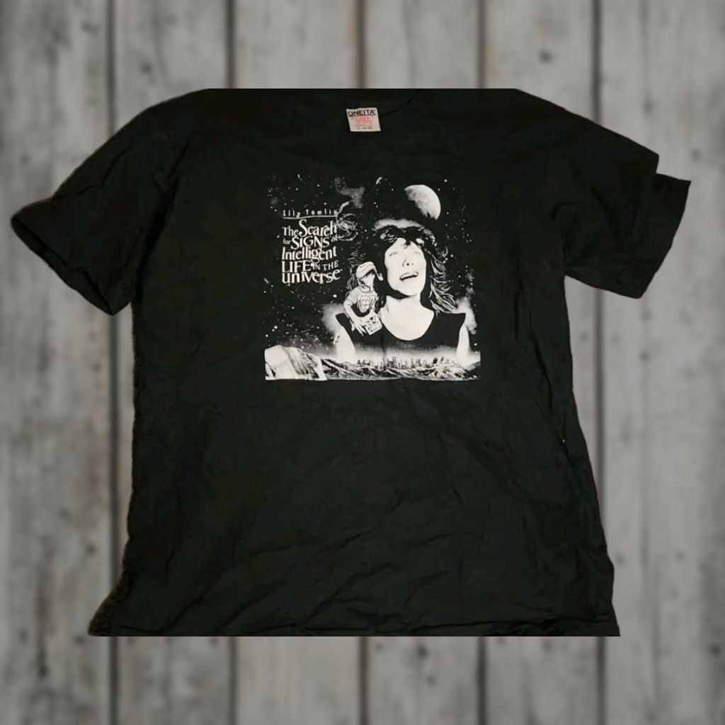 Vintage VINTAGE Lily Tomlin Search For Signs Intelligent Life In Universe T-Shirt XL Black Crew Neck Short Sleeve Oneita Mens Cotton Graphic Print Size US XL / EU 56 / 4 - 1 Thumbnail