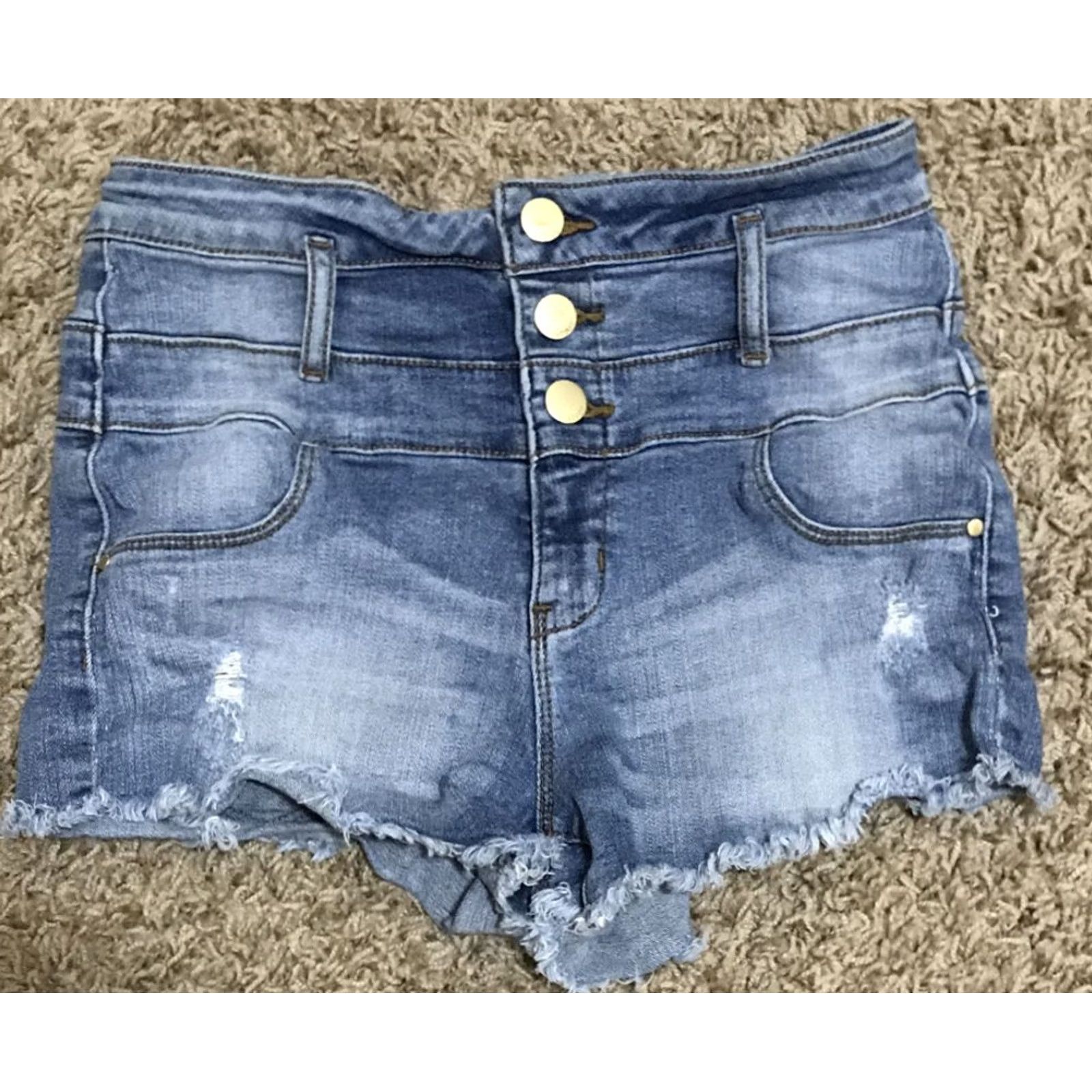 Denime Refuge Women’s Denim Shorts Cut-Off 4 Pocket Casual 2-Button/Triple Button Distressed Blue Size 4 Regular Waist 26in Inseam 3in Size 27" / US 4 / IT 40 - 2 Thumbnail