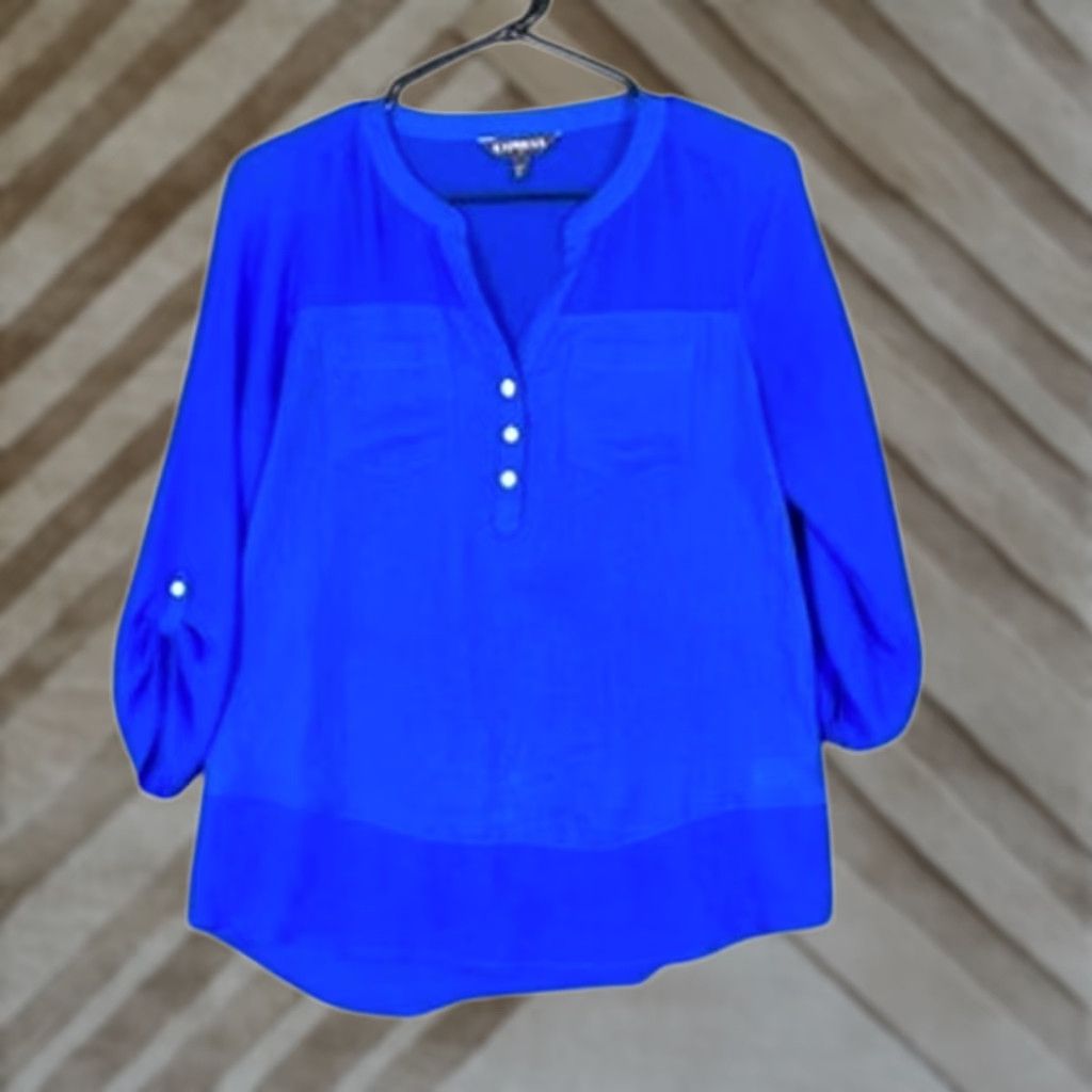 Express Express Blouse Women XS V-Neck Button Roll Tab Sleeve Sheer Blue Comfort Lightweight Casual Workwear Size XS / US 0-2 / IT 36-38 - 1 Thumbnail
