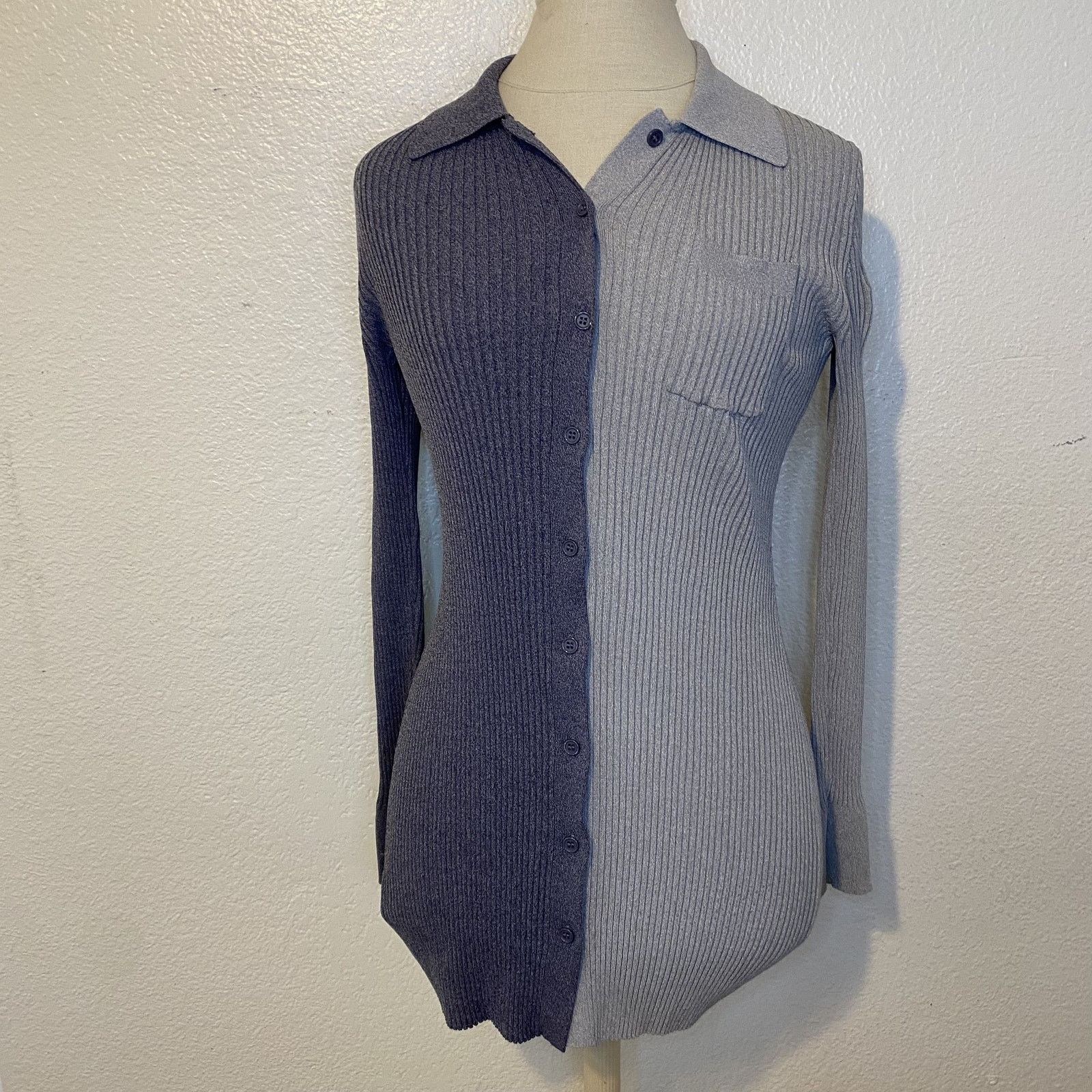 Staud Staud Milton Fama Gray Colorblock Ribbed Long Sleeve Shirt S Size S / US 4 / IT 40 - 2 Thumbnail
