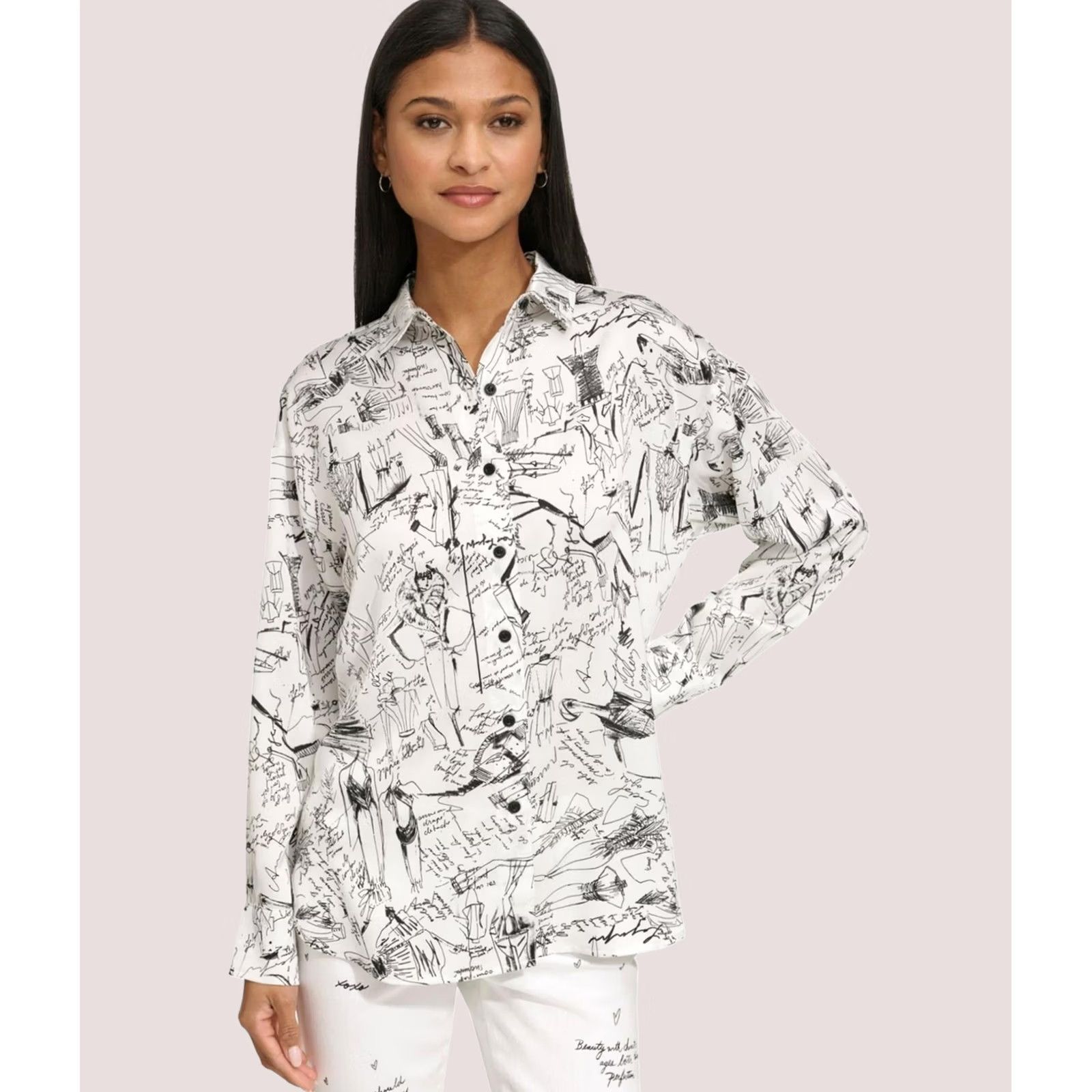 Karl Lagerfeld Karl Lagerfeld Womens Whimsy Sketch Button Down Blouse white XS Size XS / US 0-2 / IT 36-38 - 1 Thumbnail