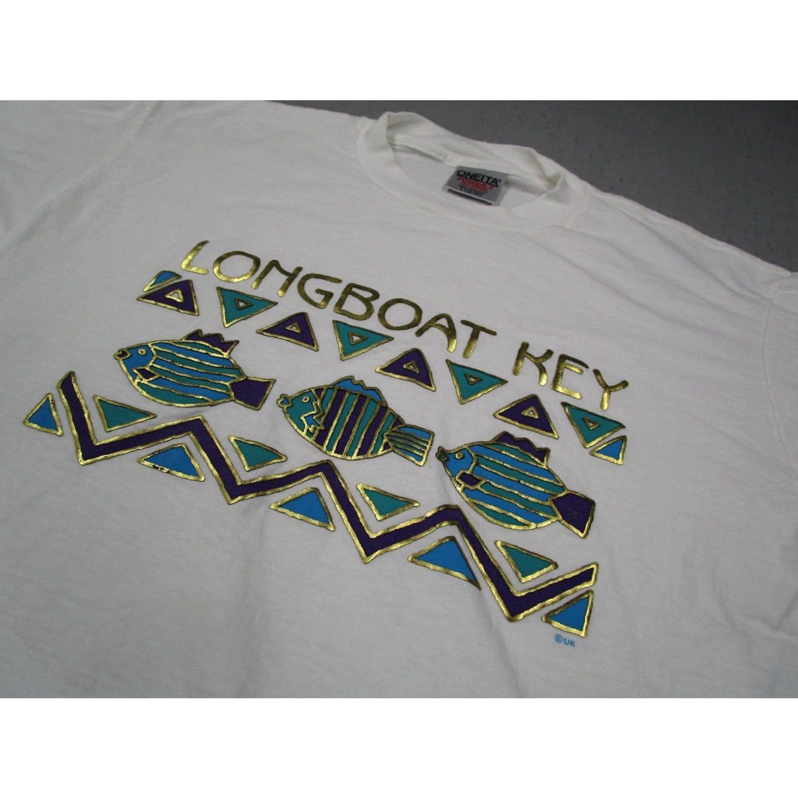 Vintage VINTAGE Oneita Longboat Key Men's White Short Sleeve Crew Neck Tee - Large - 90s Beach Fish Graphic Print Shirt Size US L / EU 52-54 / 3 - 2 Thumbnail