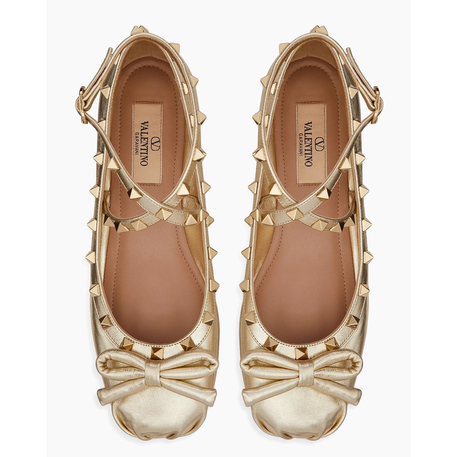 Valentino Valentino Rockstud Platino Gold Stud Ankle Strap Bow Ballet Size US 11 / IT 41 - 8 Thumbnail