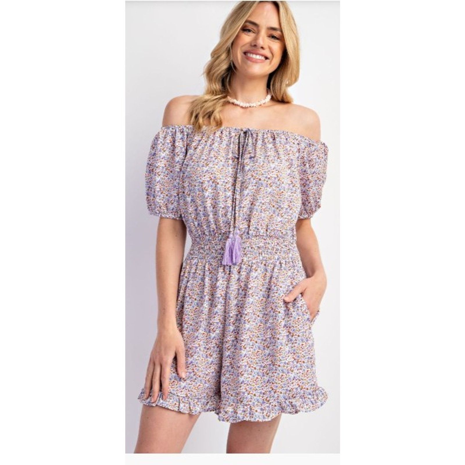 Other Easel EB50359 Med Printed Wool Ruffle Romper - Lilac Blue Size 30" / US 8 / IT 44 - 1 Thumbnail