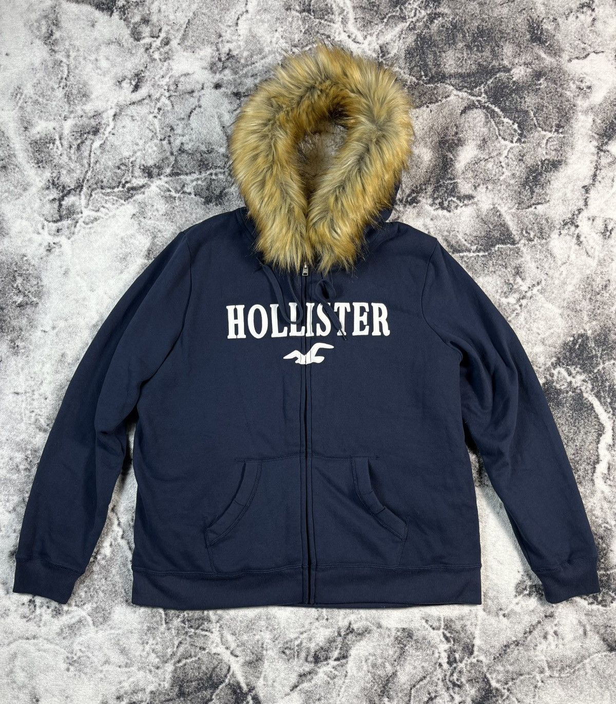 Hollister Fur Hood Sherpa Hoodie Navy XL Y2K Zip