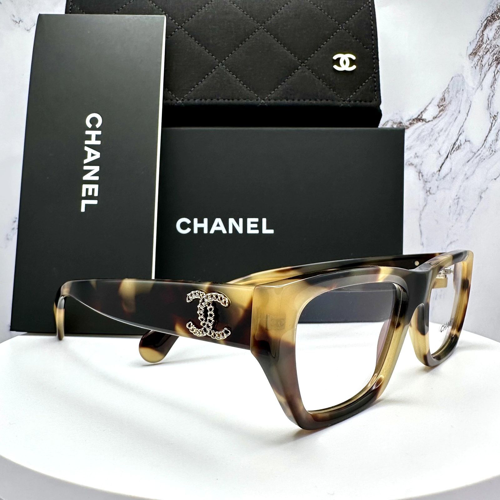 New CHANEL Eyeglasses Brown Gold Chain CC Rectangle Rx-able