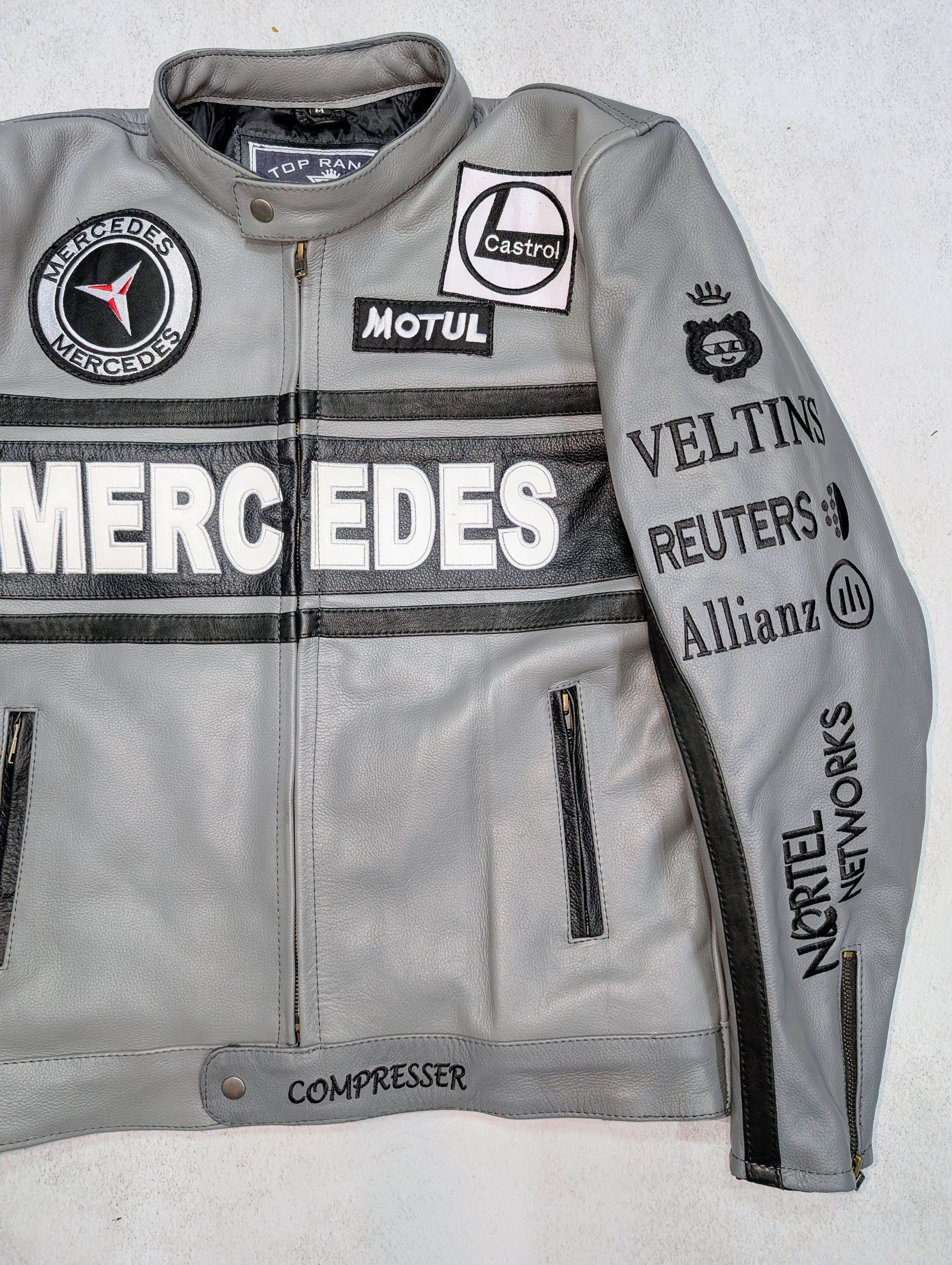 Formula 1 💥 Mercedes Benz 💥 Grey Racing Leather Jacket Streetwear Size US L / EU 52-54 / 3 - 4 Thumbnail