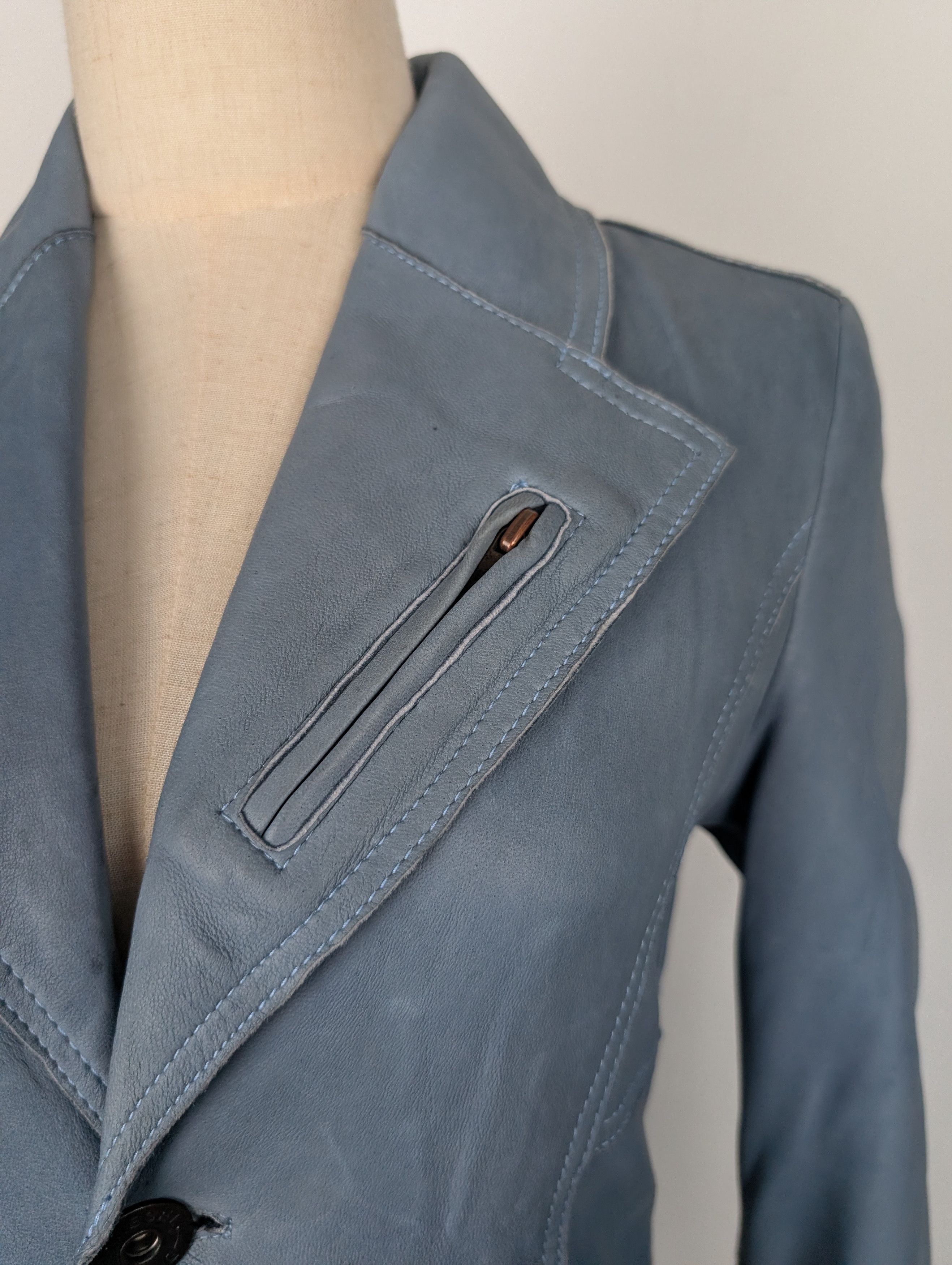 Diesel Blue Leather Coat With Owl Print Stitching At The Back Size M / US 6-8 / IT 42-44 - 4 Thumbnail